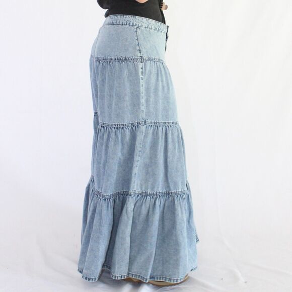 NWT M Jeans By Maurice Size 10 Long Modest Blue Jean Ruffle Maxi Denim Skirt - Picture 4 of 6